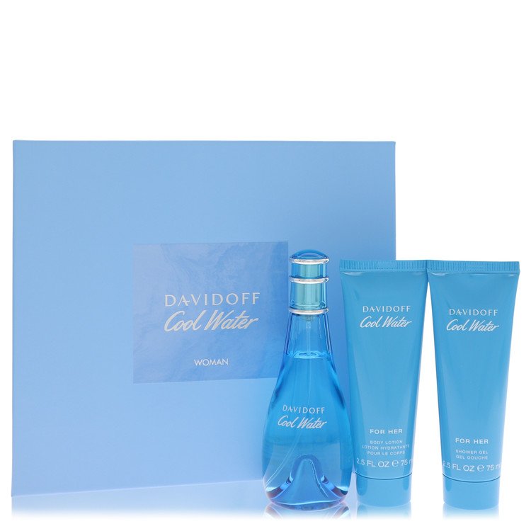 Cool Water By Davidoff Gift Set 3.4 Oz Eau De Toilette Spray + 2.5 Oz Body Lotion + 2.5 Oz Shower Gel (Women)
