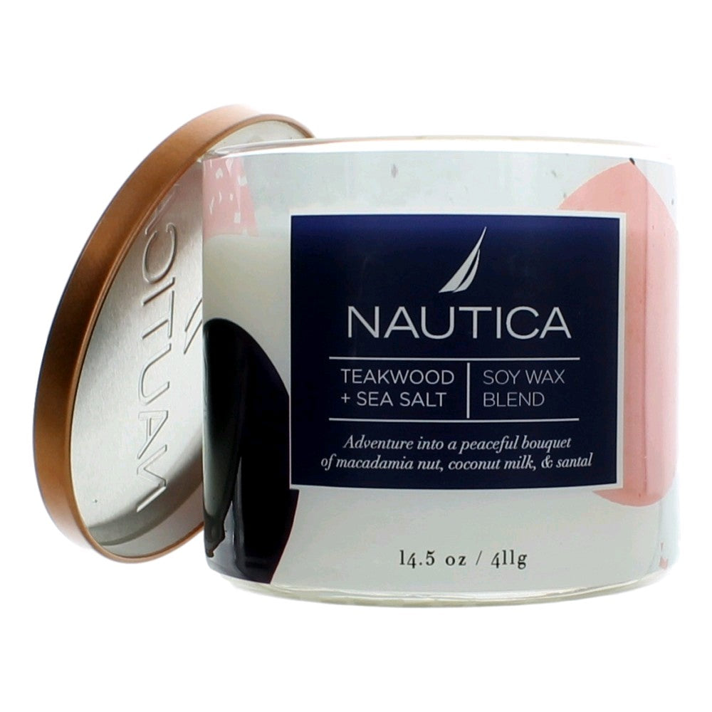 Nautica 14.5 Oz Soy Wax Blend 3 Wick Candle Teakwood &amp; Sea Salt