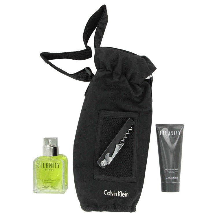 Eternity By Calvin Klein Gift Set 3.4 Oz Eau De Toilette Spray + 3.4 Oz Hair And Body Wash Tube + Wine Carrier And Opener (Men) - Rochan Shop