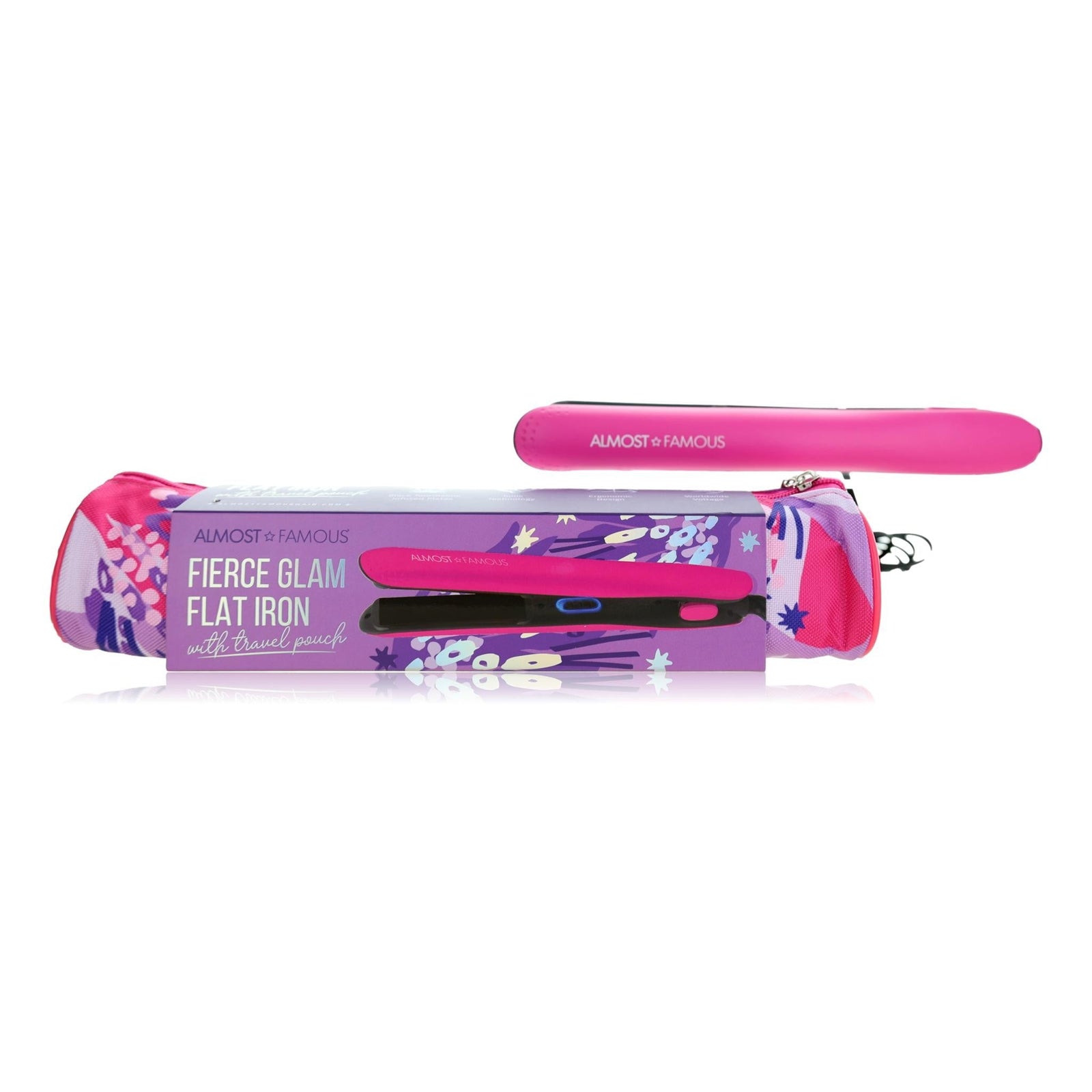 Fierce Glam By Almost Famous, Flat Iron With Travel Pouch Pink - Rochan Shop